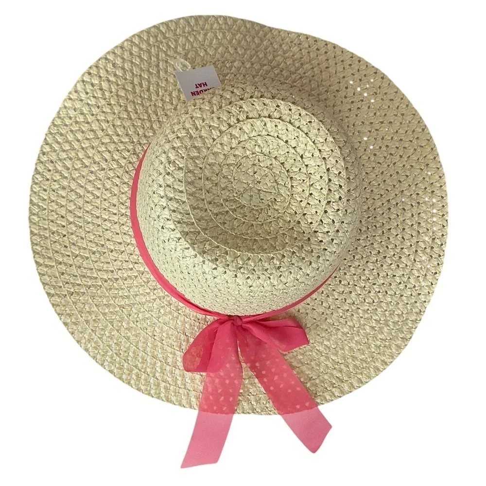 Straw Sun Beach Hat with Wide Brim Boho Chic Pink Coral Ribbon Bow Women OS